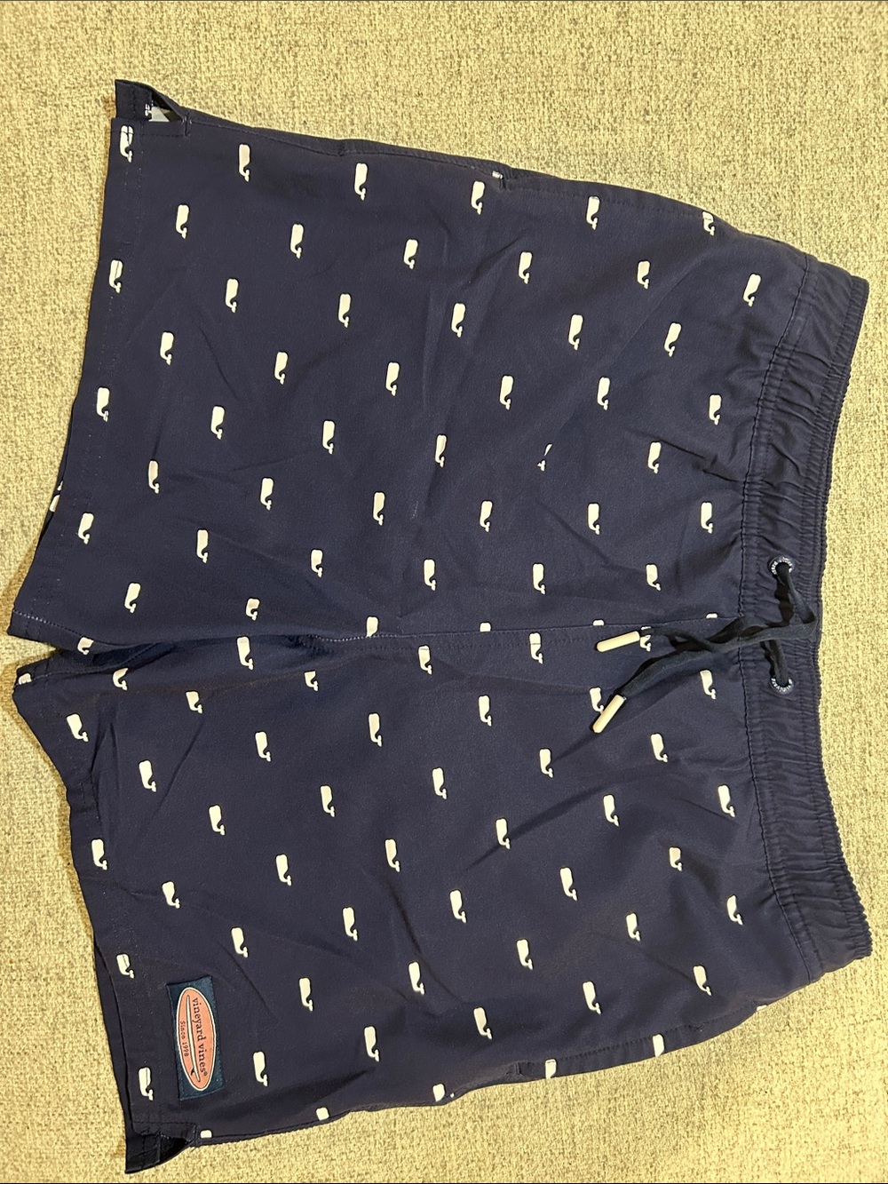 Vineyard Vines Navy Swim Trunks with Cream Whale Print
